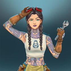Rule 34 | arm tattoo, armpits, black hair, braid, brown gloves, earrings, fortnite, freckles, full-body tattoo, gloves, goggles, goggles on head, green eyes, highres, jewelry, jules (fortnite), logo, neck tattoo, nose piercing, nose ring, piercing, print shirt, purple lips, shirt, shoulder tattoo, solo, tattoo, wrench