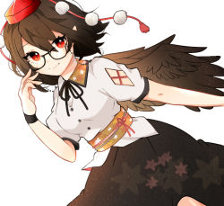 Rule 34 | 1girl, arm up, bird wings, black ribbon, black skirt, black wristband, blush, breasts, brown hair, buttons, closed mouth, eyelashes, feathered wings, feet out of frame, hat, leaf print, looking at viewer, medium breasts, neck ribbon, necono (nyu6poko), obi, pointy ears, pom pom (clothes), red eyes, red hat, ribbon, rimless eyewear, sash, shameimaru aya, short hair, short sleeves, simple background, skirt, smile, solo, tokin hat, touhou, white background, wing collar, wings