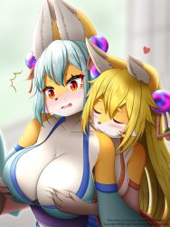 Rule 34 | 2girls, :3, ^^^, animal ear fluff, animal ears, artist name, bare shoulders, blonde hair, blue hair, blue shirt, blue sleeves, blurry, blurry background, blush, body fur, grabbing another&#039;s breast, breasts, cleavage, closed eyes, closed mouth, collarbone, dated, detached sleeves, embarrassed, english text, facial mark, fang, faroula, female focus, fox ears, fox girl, furry, furry female, furry with furry, grabbing, hair bobbles, hair ornament, hands up, happy, heart, highres, huge breasts, large breasts, licking, long hair, multiple girls, nose blush, open mouth, original, pink shirt, pink sleeves, red eyes, shirt, short hair, sidelocks, signature, sleeveless, sleeveless shirt, slit pupils, smile, standing, surprised, tongue, tongue out, twitter username, two-tone fur, u u, upper body, watermark, whisker markings, white fur, wide-eyed, yellow fur, yuri