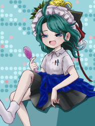 Rule 34 | 1girl, :d, alternate costume, black hat, black skirt, blue eyes, breast pocket, collared shirt, commentary request, contemporary, electric fan, fang, flat chest, foot out of frame, frilled hat, frills, green hair, hand fan, hat, highres, holding, holding fan, medium hair, open mouth, pen, pocket, shiki eiki, shirt, skirt, smile, socks, solo, touhou, umebitan, white shirt, white socks