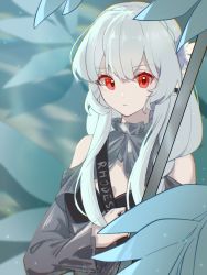 Rule 34 | 1girl, arknights, artist name, bare shoulders, black shirt, blouse, braid, chest strap, colored skin, crown braid, flat chest, green background, grey hair, hair between eyes, hand up, highres, holding, leaf, lierenfelon, long sleeves, looking at viewer, official alternate costume, red eyes, shirt, solo, upper body, warfarin (arknights), warfarin (casual vacation) (arknights), white skin