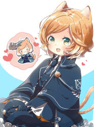 Rule 34 | 1girl, absurdres, animal ears, arknights, black capelet, black necktie, blonde hair, blue background, capelet, cat ears, cat tail, fang, gloves, green eyes, hat, unworn hat, unworn headwear, heart, highres, holding, holding clothes, holding hat, long sleeves, medium hair, mousse (arknights), multiple tails, necktie, open mouth, oyasumi makura, shirt, solo, swept bangs, tail, two tails, upper body, white background, white shirt