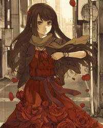 Rule 34 | 1girl, absurdres, brown eyes, brown hair, cosmic (crownclowncosmic), dress, flower, gun, handgun, highres, holster, jacket, long hair, open clothes, open jacket, original, petals, red dress, red rose, road, road sign, rose, sash, scarf, sepia background, sign, solo, spot color, street, vanishing point, watch, weapon, wind, wristwatch