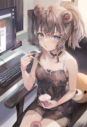 Rule 34 | 1girl, :o, ahoge, animal ears, bare arms, bare shoulders, bear ears, black choker, black shirt, black shorts, blue eyes, breasts, camisole, chair, choker, clock, computer, cpu, digital clock, food, grey hair, heart, heart-shaped pupils, highres, holding, holding food, holding spoon, ice cream, keyboard (computer), long hair, looking at viewer, momoko (momopoco), monitor, mouse (computer), office chair, open mouth, original, ponytail, shirt, short shorts, shorts, sitting, sleeveless, sleeveless shirt, small breasts, solo, spaghetti strap, spoon, swivel chair, symbol-shaped pupils