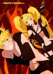 Rule 34 | 1boy, 1girl, artist request, bare shoulders, black bra, black gloves, black panties, blonde hair, blue eyes, blush, bra, breasts, character name, collarbone, covering privates, covering chest, crossed arms, demon girl, demon horns, demon tail, dual persona, elbow gloves, facial mark, facing another, facing viewer, femdom, fire, flustered, genderswap, genderswap (mtf), gloves, hands up, hetero, holding, holding trident, holding weapon, horns, large breasts, lingerie, long hair, looking at another, looking back, midriff, naruko (naruto), naruto, naruto (series), nervous, panties, parted lips, pectorals, polearm, selfcest, short hair, spiked hair, standing, sweat, sweatdrop, tail, teeth, thighhighs, trident, twintails, underwear, uzumaki naruto, very long hair, weapon, whisker markings, whiskers