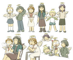 6+girls angel angel_wings black_hair blonde_hair blowing_smoke brown_hair cigarette closed_eyes closed_mouth cooking dress frying_pan haibane_renmei halo height_difference hikari_(haibane) holding holding_cigarette holding_spatula jacket kana_(haibane) kuu_(haibane) lineup long_hair looking_at_another looking_at_viewer multiple_girls multiple_views nemu_(haibane) open_mouth pants ponytail rakka_(haibane) reki_(haibane) sailor_dress short_hair shorts simple_background sitting skirt sleeping smile smoking spatula standing traditional_halo tsubobot white_background wings