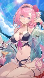 Rule 34 | 1girl, bare shoulders, bikini, black bikini, black hairband, blue eyes, blue jacket, blue sky, bow, bracelet, breasts, choker, cleavage, cloud, day, elf, elysia (honkai impact), flower, grin, hair flower, hair ornament, hairband, head tilt, highres, honkai (series), honkai impact 3rd, jacket, jewelry, kuroduki (pieat), large breasts, long hair, long sleeves, looking at viewer, navel, ocean, off shoulder, open clothes, open jacket, outdoors, pink hair, pointy ears, red flower, red rose, rose, see-through, see-through jacket, sitting, sky, smile, solo, stomach, sun, sunlight, swimsuit, thigh strap, thighs, wariza