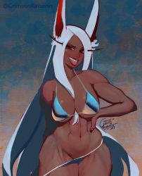 Rule 34 | 1girl, abs, animal ear fluff, animal ears, bikini, bikini pull, black nails, boku no hero academia, breasts, cleavage, clothes pull, cowboy shot, crimson kaiserin, dark-skinned female, dark skin, fang, fingernails, hair between breasts, large breasts, lips, long eyelashes, long hair, looking at viewer, mirko, muscular, muscular female, nail polish, navel, pulled by self, rabbit ears, rabbit girl, red eyes, silver bikini, solo, spaghetti strap, standing, swept bangs, swimsuit, teeth, thick thighs, thighs, tongue, tongue out, underboob, upper teeth only, very long hair, white hair, wide hips