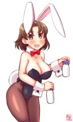 Rule 34 | 1girl, alternate costume, animal ears, artist logo, bare shoulders, black leotard, blush, bottle, bow, bowtie, breasts, brown eyes, brown hair, brown pantyhose, cameltoe, chiyoda (kancolle), cleavage, covered navel, cowboy shot, dated, detached collar, fake animal ears, hair between eyes, headband, highres, holding, kanon (kurogane knights), kantai collection, large breasts, leotard, looking at viewer, milk bottle, off shoulder, open mouth, pantyhose, playboy bunny, rabbit ears, rabbit tail, short hair, signature, simple background, smile, solo, strapless, strapless leotard, tail, white background, wrist cuffs