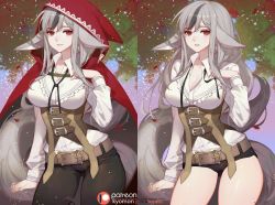 Rule 34 | 1girl, animal ears, belt, black hair, breasts, cleavage, closed mouth, corset, fire emblem, fire emblem fates, grey hair, hood, hood up, long hair, long sleeves, medium breasts, multicolored hair, nintendo, parted lips, patreon logo, red eyes, short shorts, shorts, songjikyo, tail, two-tone hair, velouria (fire emblem), wolf ears, wolf tail