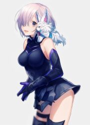 Rule 34 | 1girl, :d, armored leotard, asuda, bare shoulders, black gloves, black leotard, blush, breasts, cowboy shot, creature, elbow gloves, fate/grand order, fate (series), fou (fate), gloves, grey background, hair over one eye, large breasts, leotard, looking at viewer, mash kyrielight, on shoulder, open mouth, own hands together, pink hair, purple eyes, simple background, smile