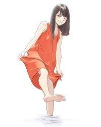 Rule 34 | 1girl, absurdres, barefoot, black hair, blush, conejologia, dress, feet, highres, long hair, original, purple eyes, red dress, smile, soles, solo, toes, white background