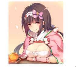 Rule 34 | 1girl, black hair, blush, breasts, cleavage, fate/grand order, fate (series), food, fruit, hairband, half-closed eyes, hinooka shuuji, hood, hood down, japanese clothes, large breasts, long hair, looking at viewer, low twintails, mandarin orange, md5 mismatch, osakabehime (fate), purple eyes, resolution mismatch, revision, smile, solo, source smaller, twintails