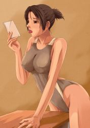 Rule 34 | 1girl, bad id, bad pixiv id, breasts, brown eyes, brown hair, competition swimsuit, crotch rub, female masturbation, holding, large breasts, masturbation, one-piece swimsuit, original, photo (object), short ponytail, solo, swimsuit, table, table humping, tomoshiki, tongue, tongue out