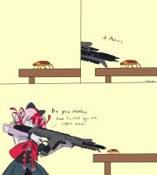 Rule 34 | apex legends, assault rifle, bandaged arm, bandages, black bow, bow, bug, ch@osyukari, cockroach, commentary, double bun, dress, english commentary, english text, from side, grey hair, gun, hair bow, hair bun, heterochromia, highres, holding, holding gun, holding weapon, hololive, hololive indonesia, huge bow, insect, kureiji ollie, looking down, multicolored hair, pink hair, profanity, r-301 carbine, red bow, red eyes, red hair, rifle, solo, stitched arm, stitched face, stitched torso, stitches, table, torn clothes, torn dress, twitter username, virtual youtuber, weapon, wide-eyed, wrist bow, yellow eyes, zombie