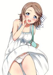 Rule 34 | 1girl, :d, absurdres, arm up, bag, bare shoulders, blue eyes, blush, bow, bow panties, breasts, brown hair, dress, gluteal fold, hair bow, hair ornament, hairclip, half updo, highres, lace, lace panties, looking at viewer, love live!, love live! sunshine!!, medium breasts, open mouth, panties, pantyshot, parted bangs, polka dot, polka dot bow, sankuro (agoitei), scan, short hair, simple background, smile, solo, standing, sundress, underwear, watanabe you, white dress, white panties, wind, wind lift