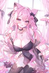 Rule 34 | 1girl, alllisso, animal ear fluff, animal ears, bare shoulders, black nails, black thighhighs, blush, breasts, cat ears, cat girl, cat tail, cleavage, earrings, flower, hair flower, hair ornament, highres, indie virtual youtuber, jewelry, large breasts, leotard, long hair, looking at viewer, mole, mole on breast, mole under mouth, nymphelia (vtuber), pink eyes, pink hair, see-through, see-through sleeves, solo, tail, thighhighs, virtual youtuber