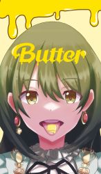 Rule 34 | 1girl, absurdres, butter, commentary request, earrings, food, food in mouth, green hair, highres, idolmaster, idolmaster shiny colors, jewelry, long hair, looking at viewer, nanakusa nichika, open mouth, portrait, sanami (sanami t 38), solo, tongue, tongue out, yellow eyes