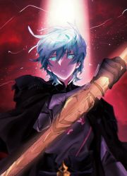 Rule 34 | 1boy, armor, black armor, byleth (fire emblem), byleth (male) (fire emblem), cape, clenched teeth, fire emblem, fire emblem: three houses, greaves, green eyes, green hair, heroes relic (fire emblem), highres, holding, holding sword, holding weapon, looking at viewer, male focus, nintendo, ppspp bb7, solo, sword, sword of the creator, teeth, weapon