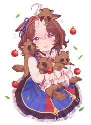 Rule 34 | 1girl, ahoge, animal, animal ears, apple, blue ribbon, bow, brown hair, commentary, ear ribbon, food, fruit, hair between eyes, hairband, highres, holding, holding animal, horse ears, horse girl, long sleeves, looking at viewer, meisho doto (umamusume), multicolored hair, pink hairband, purple eyes, ribbon, rio (rio 067), shirt, short hair, simple background, solo, symbol-only commentary, tanuki, twitter username, two-tone hair, umamusume, white background, white hair, white shirt