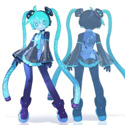Rule 34 | 1girl, :/, absurdres, ahoge, android, aqua eyes, aqua hair, aqua necktie, bare shoulders, black sleeves, bright pupils, cable hair, cheri zao, commentary, detached sleeves, full body, glowing, glowing eyes, hatsune miku, highres, joints, long hair, looking at viewer, mechanical parts, miniskirt, multiple views, necktie, number tattoo, robot girl, robot joints, see-through, see-through skirt, see-through sleeves, shirt, simple background, skirt, sleeveless, sleeveless shirt, standing, tattoo, very long hair, vocaloid, white background, white pupils