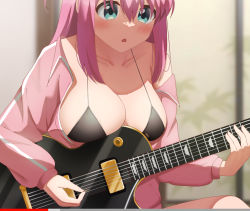 Rule 34 | 1girl, bikini, black bikini, blurry, blurry background, blush, bocchi the rock!, breast rest, breasts, collarbone, dot nose, gotoh hitori, guitar, hair between eyes, highres, holding, holding instrument, instrument, jacket, large breasts, long sleeves, open clothes, open jacket, pink hair, poa mellhen, solo, string bikini, swimsuit, track jacket, upper body, youtube