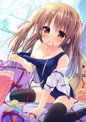 Rule 34 | 1girl, :3, ahoge, arm support, backlighting, bare shoulders, bed, black thighhighs, blue one-piece swimsuit, blush, bow, breasts, brown hair, cleavage, closed mouth, clothes pull, collarbone, covered erect nipples, curtains, day, dutch angle, frilled pillow, frills, from side, hair ribbon, highres, indoors, kneeling, leaning forward, light particles, light smile, long hair, looking at viewer, medium breasts, mouth hold, natsuka (unagi-unagi-unagi), nipple slip, nipples, off shoulder, old school swimsuit, on bed, one-piece swimsuit, one-piece swimsuit pull, open clothes, open shirt, original, parted bangs, pillow, pink eyes, pink ribbon, plant, pocket, potted plant, pulling own clothes, red bow, red ribbon, ribbon, ribbon in mouth, school swimsuit, shirt, short sleeves, sitting, sleeve cuffs, smile, solo, spread legs, star (symbol), straight hair, strap pull, stuffed animal, stuffed toy, sunlight, swimsuit, swimsuit under clothes, taut clothes, teddy bear, thighhighs, transparent, two side up, undressing, wariza, white shirt, window, yellow ribbon