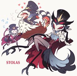 Rule 34 | 2boys, bird legs, bird tail, black headwear, blitzo (helluva boss), bound, cape, carrying, carrying person, character name, closed eyes, closed mouth, colored sclera, demon, extra eyes, feathers, full body, furry, furry male, hand on own face, hand up, hat, heart, helluva boss, highres, horns, invisible chair, jacket, looking at viewer, male focus, meremero, multiple boys, open mouth, owl boy, red cape, red eyes, red jacket, sharp teeth, simple background, sitting, smile, stolas (helluva boss), striped horns, tail, talons, teeth, tied up (nonsexual), torn cape, torn clothes, white background