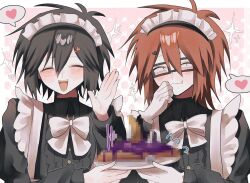 Rule 34 | 2boys, :3, alternate costume, apron, bad food, black hair, blush, bow, bowtie, brown hair, censored, censored food, closed eyes, commentary, enmaided, fang, fang out, glasses, gloves, hair ornament, hairclip, heart, heart hair ornament, highres, holding, long hair, long sleeves, maid, maid headdress, male focus, multiple boys, narumi (na r u m i), open mouth, outside border, randal&#039;s friends, randal ivory, short hair, smile, sparkle, spoken heart, symbol-only commentary, tsukada satoru
