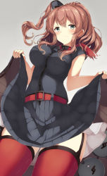 Rule 34 | 10s, 1girl, anchor, belt, belt buckle, black dress, blue eyes, blush, breasts, brown hair, buckle, clothes lift, commentary request, dress, dress lift, drum magazine, garter straps, grey background, hair between eyes, highres, hinauri (nurupon), kantai collection, large breasts, long hair, looking at viewer, magazine (weapon), neckerchief, red belt, red thighhighs, saratoga (kancolle), saratoga mk ii (kancolle), simple background, skirt, skirt lift, solo, thighhighs, thighs