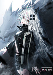 Rule 34 | 1girl, animal ears, arknights, brown eyes, eyebrows hidden by hair, grey hair, hair between eyes, hair ornament, hairclip, highres, jacket, lappland (arknights), long hair, looking at viewer, looking back, open clothes, open mouth, scar, scar across eye, scar on face, shorts, smile, solo, wolf, wolf girl, ymyz