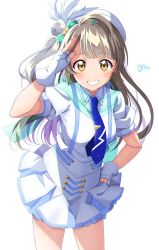 Rule 34 | 1girl, artist name, facing viewer, fingerless gloves, gloves, grin, hand on own hip, highres, light brown hair, long hair, looking at viewer, love live!, love live! school idol project, minami kotori, ojyomu, one side up, salute, shirt, short sleeves, simple background, skirt, smile, solo, white background, white gloves, white headwear, white shirt, white skirt, wonderful rush, yellow eyes