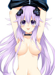 Rule 34 | 1girl, :p, absurdres, adult neptune, armpits, arms up, bad id, bad pixiv id, blush, breasts, choker, d-pad, d-pad hair ornament, hair censor, hair ornament, highres, jacket, long hair, looking at viewer, medium breasts, navel, neptune (series), purple eyes, purple hair, shin jigen game neptune vii, simple background, solo, tongue, tongue out, topless, undressing, upper body, very long hair, white background, zero (ray 0805)