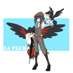 Rule 34 | 1girl, alternate costume, animal on arm, arknights, bird, bird on arm, black eyes, black footwear, black hair, boots, brown hat, brown pants, brown vest, character name, collared shirt, creatures (company), crossover, full body, game freak, gen 2 pokemon, gen 4 pokemon, hat, highres, holding, holding umbrella, honchkrow, la pluma (arknights), long sleeves, looking at viewer, murkrow, nintendo, outstretched arm, pants, pants tucked in, pokemon, robinlovesop, shirt, short hair, simple background, solo, standing, umbrella, v-shaped eyebrows, vest, white background, white shirt