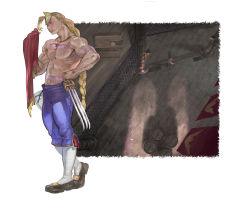 Rule 34 | 1boy, banner, barrel, bottle, braid, capcom, claw (weapon), commentary request, fence, from above, highres, holding, holding cloth, lamp, long hair, male focus, mask, unworn mask, multiple views, plate, ponytail, shadaloo, single braid, sora-bakabon, stone floor, street fighter, street fighter v, table, tattoo, topless male, vega (street fighter), weapon, wooden floor