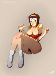 Rule 34 | 1girl, ass, blush, breasts, breasts out, cowboy bebop, faye valentine, freckles, glasses, highres, large breasts, lip biting, looking at viewer, medium hair, nipples, purple hair, simple background, sinner! (sillygirl), solo, sunglasses, sunglasses removed