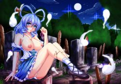 Rule 34 | 1girl, arm support, bar censor, bare shoulders, blue dress, blue eyes, blue hair, blush, breasts, breasts out, censored, clothing aside, collarbone, condom, dress, drill hair, graveyard, hair ornament, hair rings, hair stick, high heels, hitodama, kaku seiga, large breasts, legs together, long legs, looking at viewer, matching hair/eyes, nipples, panties, panties aside, pussy, short dress, short hair, short sleeves, sitting, smile, solo, taka (hiroa), tombstone, touhou, twin drills, underwear, used condom, white panties