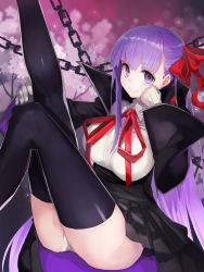 Rule 34 | 10s, 1girl, ass, bb (fate), bb (fate/extra), black skirt, black thighhighs, blurry, blurry background, breasts, chain, closed mouth, commentary request, fate/extra, fate/extra ccc, fate (series), flower, gloves, hair ribbon, half updo, hand on own chin, high-waist skirt, highres, large breasts, leg up, legs up, long hair, long sleeves, looking at viewer, panties, pantyshot, pleated skirt, popped collar, purple background, purple eyes, purple hair, red ribbon, ribbon, shirt, sitting, skirt, smile, solo, straight hair, taishi (picchiridou), thighhighs, thighs, underwear, upskirt, very long hair, white gloves, white panties, white shirt, wide sleeves