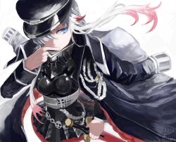 Rule 34 | 1girl, aiguillette, armor, armored skirt, artist request, azur lane, black coat, blue eyes, breastplate, coat, coat on shoulders, hair over one eye, hat, highres, metal belt, military hat, multicolored hair, odin (azur lane), open clothes, open coat, padded coat, peaked cap, red hair, simple background, solo, streaked hair, two-tone hair, white background, white hair