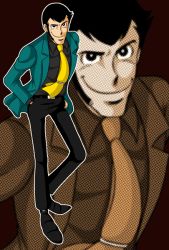 Rule 34 | 1boy, arsene lupin iii, artist request, black hair, formal, hands in pockets, lupin iii, male focus, smile, solo, suit, zoom layer