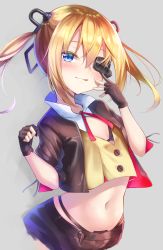 Rule 34 | 1girl, :q, black gloves, black jacket, black shorts, blonde hair, blue eyes, blush, eyepatch, girls&#039; frontline, gloves, grey background, highres, jacket, konome noi, licking lips, long hair, navel, neck ribbon, open clothes, open jacket, partially fingerless gloves, red ribbon, ribbon, shorts, skorpion (girls&#039; frontline), solo, tongue, tongue out, twintails, upper body