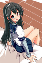 Rule 34 | 10s, 1girl, ass, bare legs, black hair, blue eyes, blue skirt, from above, from behind, glasses, hairband, highres, kantai collection, long hair, long sleeves, looking at viewer, looking back, looking up, ooyodo (kancolle), pleated skirt, ribbon, sailor collar, sakuranoyukke, school uniform, serafuku, sitting, skirt, smile, solo, white ribbon