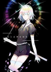Rule 34 | 1other, absurdres, androgynous, belt, black background, black hair, black necktie, character name, commentary, diamond (houseki no kuni), elbow gloves, english commentary, english text, engrish commentary, gem uniform (houseki no kuni), gloves, highres, houseki no kuni, looking at viewer, multicolored hair, necktie, rainbow hair, sheath, sheathed, shirt, short hair, short sleeves, shorts, simple background, smile, solo, sparkle, sumery, thighhighs, white gloves, white thighhighs