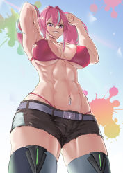 Rule 34 | 1girl, abs, absurdres, armpits, arms up, azur lane, bare shoulders, belt, bikini, black shorts, blue background, blue thighhighs, breasts, bremerton (azur lane), cleavage, clenched hand, commentary, commission, covered erect nipples, cowboy shot, cutoffs, flexing, glint, grey belt, grey hair, grey thighhighs, groin, hair between eyes, hair intakes, highleg, highleg bikini, highres, kureshi (hannzi), large breasts, lifebuoy ornament, long hair, multicolored hair, muscular, muscular female, navel, navel piercing, no mole, no shirt, parted lips, perky breasts, piercing, pink bikini, pink eyes, pink hair, short shorts, shorts, sidelocks, skeb commission, skindentation, smile, solo, standing, stomach, streaked hair, swimsuit, thighhighs, twintails, two-tone hair, two-tone legwear