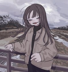 Rule 34 | 1girl, absurdres, black sweater, brown hair, brown jacket, cloud, cloudy sky, day, fang, half-closed eyes, highres, jacket, jewelry, long hair, long sleeves, looking at viewer, necklace, open clothes, open jacket, open mouth, original, outdoors, railing, sky, solo, sweater, yunoki itsugu