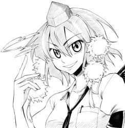 Rule 34 | 1girl, :d, evil smile, female focus, greyscale, grin, hat, hikawa shou, holding, looking at viewer, monochrome, necktie, open mouth, pom pom (clothes), puffy short sleeves, puffy sleeves, shameimaru aya, short sleeves, simple background, smile, solo, tokin hat, touhou, upper body, white background