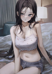 Rule 34 | 1girl, bare arms, bare shoulders, bedroom, between legs, black hair, blue eyes, breasts, camisole, cleavage, collarbone, crop top, dolphin shorts, drawstring, grey shorts, halter shirt, halterneck, highres, indoors, large breasts, long hair, looking at viewer, micro shorts, midriff, mole, mole under eye, myoushun, navel, original, parted bangs, parted lips, revision, shirt, short shorts, shorts, sitting, sleeveless, sleeveless shirt, solo, spaghetti strap, stomach, taut clothes, taut shirt, thighs, very long hair, white shirt