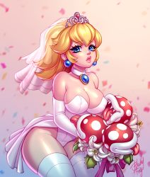 Rule 34 | 1girl, adapted costume, bare shoulders, blonde hair, blue eyes, blue gemstone, blushyspicy, bouquet, breasts, bridal veil, cleavage, closed mouth, collar, collarbone, confetti, earrings, elbow gloves, female focus, flower, gem, gloves, gradient background, hair between eyes, highres, jewelry, large breasts, leaning forward, leotard, lips, long hair, looking at viewer, mario (series), neck, necklace, nintendo, piranha plant, ponytail, princess peach, sharp teeth, solo, standing, strapless, strapless leotard, super mario odyssey, teeth, thick thighs, thighhighs, thighs, tiara, veil, wedding, white collar, white gloves, white leotard, white thighhighs