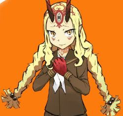 Rule 34 | 1girl, blonde hair, braid, casual, fate/grand order, fate (series), female focus, hatnychan, horns, ibaraki douji (fate), long hair, looking at viewer, monster girl, oni, oni horns, simple background, solo, tattoo, twin braids, yellow eyes