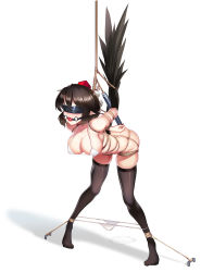 Rule 34 | 1girl, absurdres, arms behind back, assisted exposure, ball gag, bdsm, bent over, bikini, bikini pull, bird wings, black hair, black thighhighs, black wings, blindfold, bondage, bound, breasts, clothes pull, collarbone, gag, highres, large breasts, micro bikini, pointy ears, restrained, shameimaru aya, shibari, shinebell, solo, suspension, swimsuit, thighhighs, touhou, white bikini, wiffle gag, wings